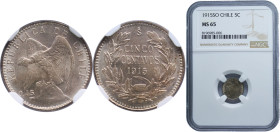 Chile Republic 1915 So 5 Centavos Silver Santiago Mint (2250000) 1g NGC MS 65 KM 155.3