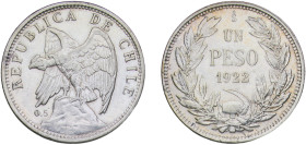 Chile Republic 1922 So 1 Peso Silver (.500) Santiago Mint (2718000) 8.97g UNC KM 152.5