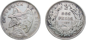 Chile Republic 1927 So 2 Pesos Silver (.500) Santiago Mint 17.94g XF KM 172