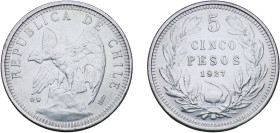 Chile Republic 1927 So 5 Pesos Silver (.900) Santiago Mint 24.97g UNC KM 173