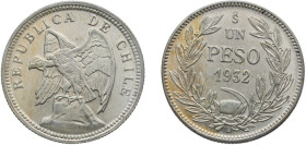 Chile Republic 1932 So 1 Peso Billon (.400 silver) Santiago Mint (4000000) 6.07g UNC KM 174
