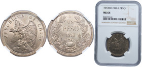 Chile Republic 1933 So 1 Peso Copper-nickel Santiago Mint (29976000) 10g NGC MS 64 KM 176