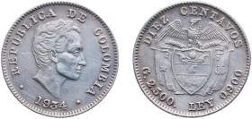 Colombia Republic 1934 10 Centavos Silver (.900) Heaton and Sons / The Mint Birmingham Limited 2.46g XF KM 196 Hernández 402-410 Restrepo 377