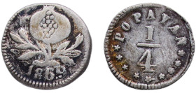 Colombia United States of Colombia 1869 ¼ Decimo ("Cuartillo") Silver (.666) Popayan Mint 0.66g VF KM 143 Hernández 54-63