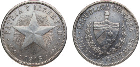 Cuba First Republic 1916 40 Centavos Silver (.900) Philadelphia Mint (188000) 9.9g XF KM 14 Y 8