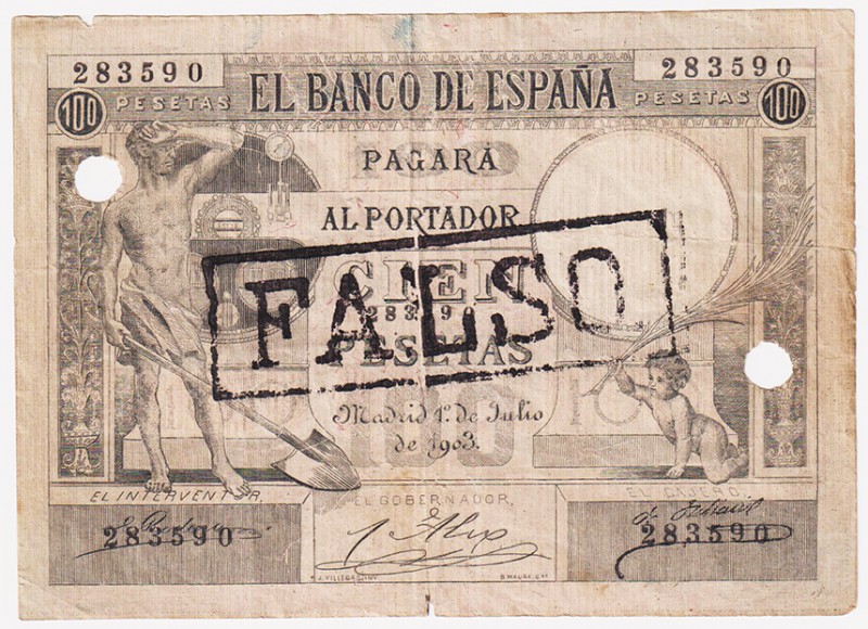 Banco de España

100 Pesetas. 1 julio 1903. Sin serie. Faldo de época. En el c...