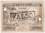 Banco de España

100 Pesetas. 1 julio 1903. Sin serie. Faldo de época. En el centro tampón FALSO y dos agujeros. ED.310F. Alguna ligera rotura. Esca...