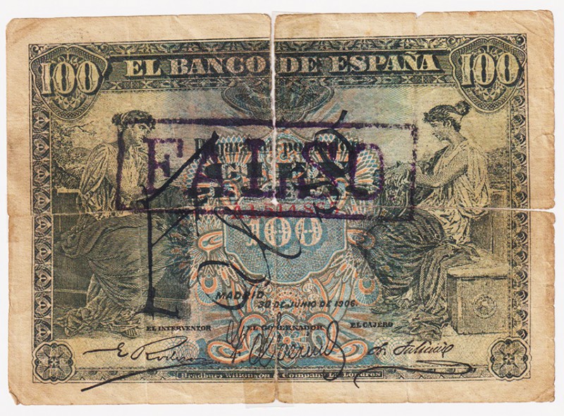 Banco de España

100 Pesetas. 30 junio 1906. Serie A. Falso de época. En el ce...