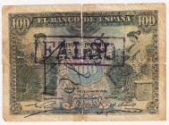 Banco de España

100 Pesetas. 30 junio 1906. Serie A. Falso de época. En el centro tampón FALSO. ED.313F. Roto en cuatro partes y pegado con celo. R...