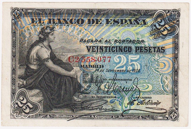 Banco de España

25 Pesetas. 24 septiembre 1906. Serie C. ED.314a. MBC/MBC-.
