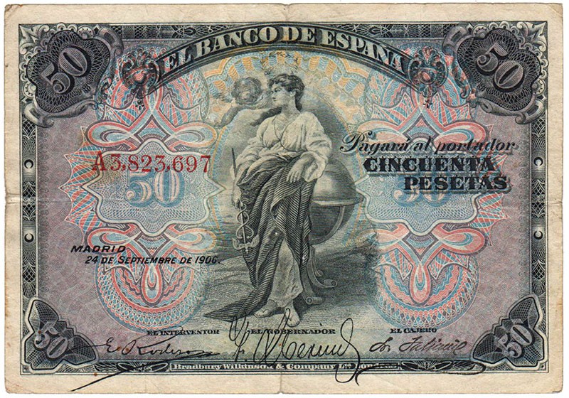 Banco de España

50 Pesetas. 24 septiembre 1906. Serie A. ED.315a. Puntitos de...