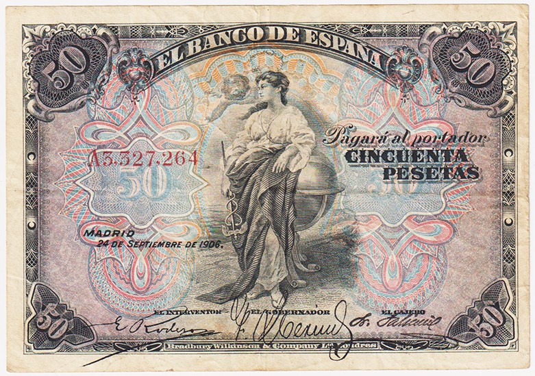 Banco de España

50 Pesetas. 24 septiembre 1906. Serie A. ED.315a. Escrito a t...