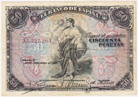 Banco de España

50 Pesetas. 24 septiembre 1906. Serie A. ED.315a. Escrito a tinta en reverso. MBC-.