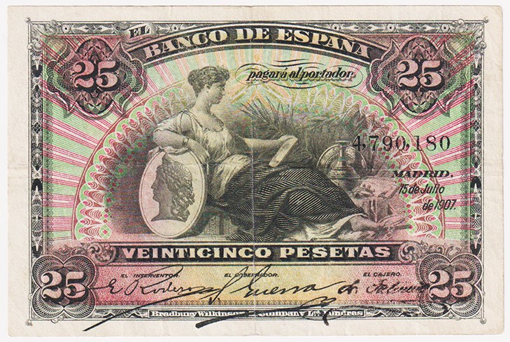 Banco de España

25 Pesetas. 15 julio 1907. Sin serie. ED.318. Planchado. MBC-...