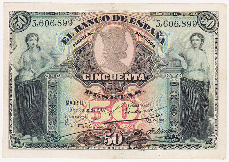 Banco de España

50 Pesetas. 15 julio 1907. Sin serie. ED.319. Lavado y planch...
