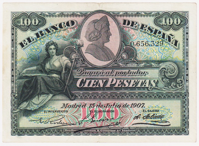 Banco de España

100 Pesetas. 15 julio 1907. Sin serie. ED.320. Ligeramente re...