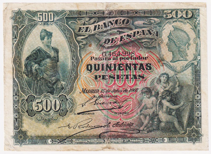 Banco de España

500 Pesetas. 15 julio 1907. Sin serie. ED.321. Restaurado bur...