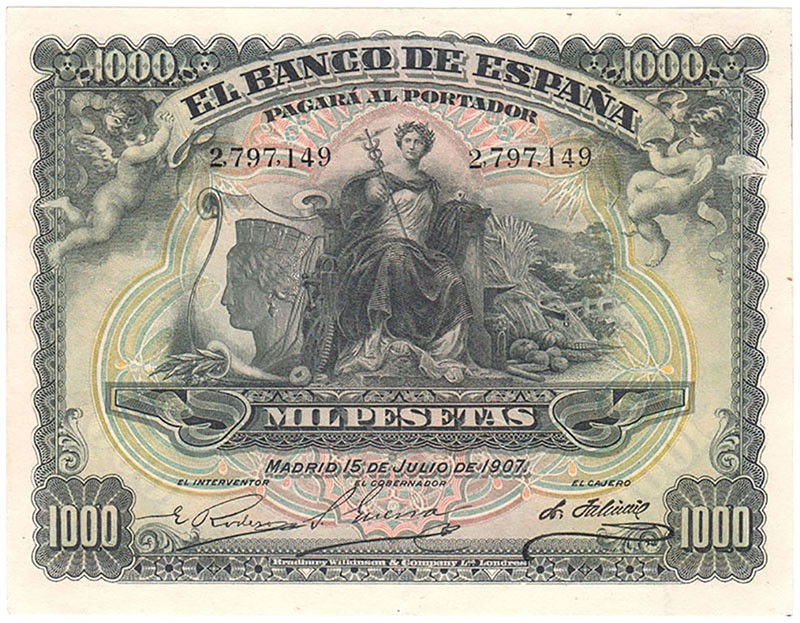 Banco de España

1000 Pesetas. 15 julio 1907. Sin serie. ED.322. Doblez centra...