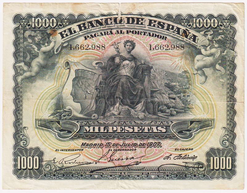 Banco de España

1000 Pesetas. 15 julio 1907. Sin serie. ED.322. Roturas en má...