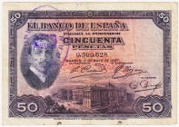 Guerra Civil-Zona Republicana, Banco de España

50 Pesetas. 17 mayo 1927. Sin serie. Con tampón en tinta azul de la REPÚBLICA ESPAÑOLA sobre el bust...