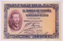 Guerra Civil-Zona Republicana, Banco de España

25 Pesetas. 12 octubre 1926. Serie A. Con sello en seco del Gobierno Provisional de la República, 14...