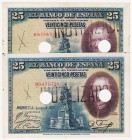 Guerra Civil-Zona Republicana, Banco de España

25 Pesetas. 15 agosto 1928. Serie B. Lote de 2 billetes. Tampón INUTILIZADO y dos de agujero. ED.353...