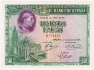 Guerra Civil-Zona Republicana, Banco de España

500 Pesetas. 15 agosto 1928. Sin serie. ED.356. EBC-.