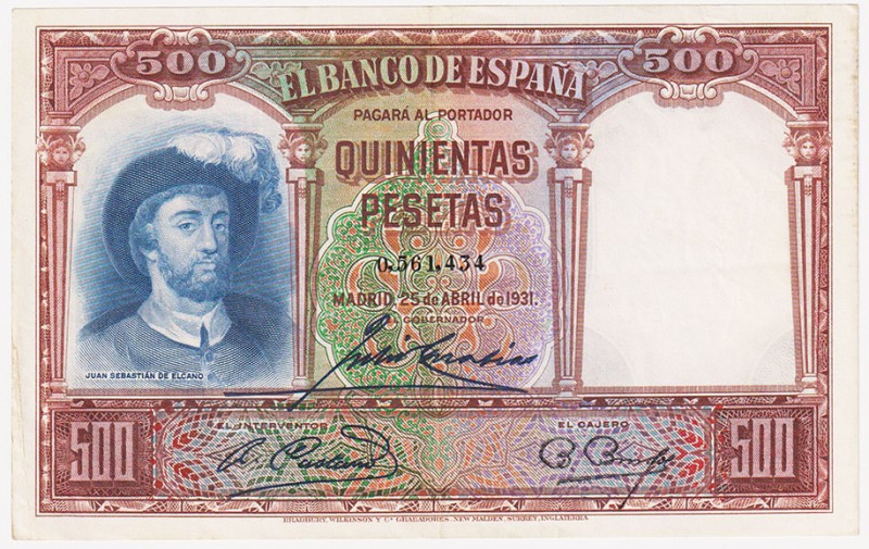 Guerra Civil-Zona Republicana, Banco de España

500 Pesetas. 25 abril 1931. Si...