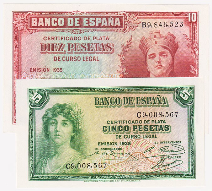 Guerra Civil-Zona Republicana, Banco de España

Lote de 2 billetes. 5 y 10 Pes...