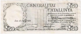 Guerra Civil-Zona Republicana, Banco de España

Generalitat de Catalunya

2,5 Pesetas. 25 septiembre 1936. Serie A. Numeración en negro. ED.372. E...