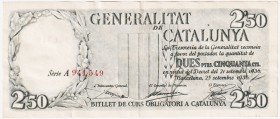 Guerra Civil-Zona Republicana, Banco de España

Generalitat de Catalunya

2,5 Pesetas. 25 septiembre 1936. Serie A. Numeración en rojo. ED.372a. M...