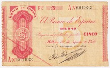 Guerra Civil-Zona Republicana, Banco de España

Banco de España, Bilbao

5 Pesetas. 30 agosto 1936. Serie A. ED.368Af. Ligera rotura en margen. MB...