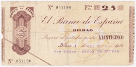 Guerra Civil-Zona Republicana, Banco de España

Banco de España, Bilbao

25 Pesetas. Emisión 1936. Sin serie. Sello en seco en el centro. ED.369f....