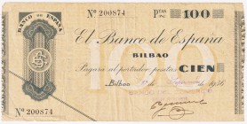 Guerra Civil-Zona Republicana, Banco de España

Banco de España, Bilbao

100 Pesetas. Emisión 1936. Sin serie. ED.371c. MBC-/BC+.