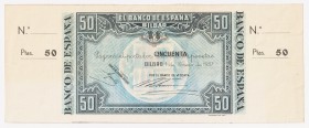 Guerra Civil-Zona Republicana, Banco de España

Banco de España, Bilbao

50 Pesetas. 1 enero 1937. Sin serie. Sin numeración y con dos matrices. E...