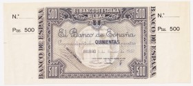 Guerra Civil-Zona Republicana, Banco de España

Banco de España, Bilbao

500 Pesetas. 1 enero 1937. Sin serie. Sin numeración y con dos matrices. ...