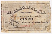 Guerra Civil-Zona Republicana, Banco de España

Banco de España, Santander

5 Pesetas. 1 noviembre 1936. Sin serie. ED.375 (antefirma no visible)....