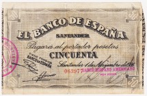 Guerra Civil-Zona Republicana, Banco de España

Banco de España, Santander

50 Pesetas. 1 noviembre 1936. Sin serie. ED.378c. MBC-.