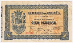 Guerra Civil-Zona Republicana, Banco de España

Banco de España, Gijón

100 Pesetas. Emisión 1937. Sin serie. ED.399. BC.