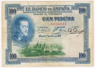 Estado Español, Banco de España

100 Pesetas. 1 julio 1925. Sin serie. Con sello en seco ESTADO ESPAÑOL · BURGOS. ED.410. BC.
