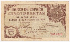 Estado Español, Banco de España

5 Pesetas. Burgos, 21 noviembre 1936. Sin serie. ED.417. Raro. BC-.