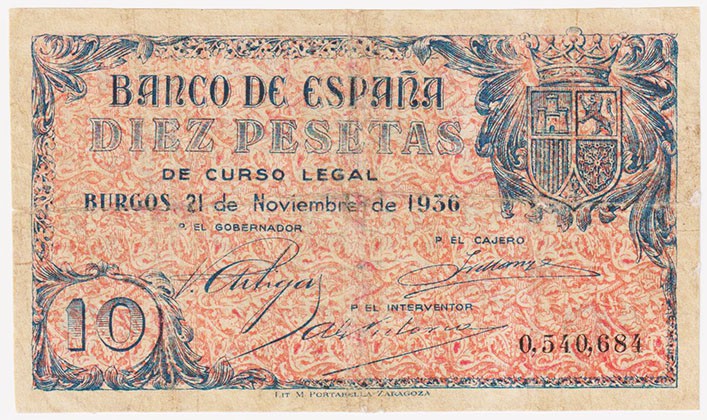 Estado Español, Banco de España

10 Pesetas. Burgos, 21 noviembre 1936. Sin se...