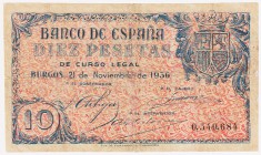 Estado Español, Banco de España

10 Pesetas. Burgos, 21 noviembre 1936. Sin serie. ED.418. Reparado. Raro. BC-.