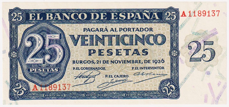 Estado Español, Banco de España

25 Pesetas. Burgos, 21 noviembre 1936. Serie ...