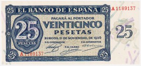 Estado Español, Banco de España

25 Pesetas. Burgos, 21 noviembre 1936. Serie A. ED.419. Gran ejemplar de esta rara serie. EBC+.