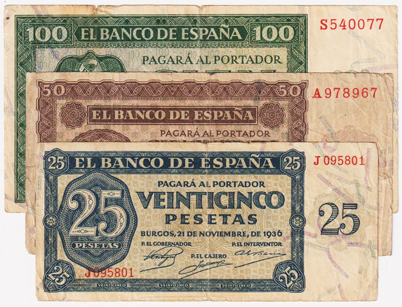 Estado Español, Banco de España

Burgos, 21 noviembre 1936. Serie de 3 valores...