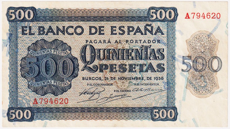 Estado Español, Banco de España

500 Pesetas. Burgos, 21 noviembre 1936. Serie...