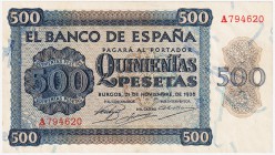 Estado Español, Banco de España

500 Pesetas. Burgos, 21 noviembre 1936. Serie A. ED.422. Ligeramente reparado, por lo demás muy buen ejemplar. Muy ...