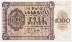 Estado Español, Banco de España

1000 Pesetas. Burgos, 21 noviembre 1936. Serie A. ED.423. Reparado. Muy escaso. MBC+.