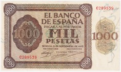 Estado Español, Banco de España

1000 Pesetas. Burgos, 21 noviembre 1936. Serie C. ED.423a. Ligeramente reparado y dos puntos de aguja. Escaso. MBC....